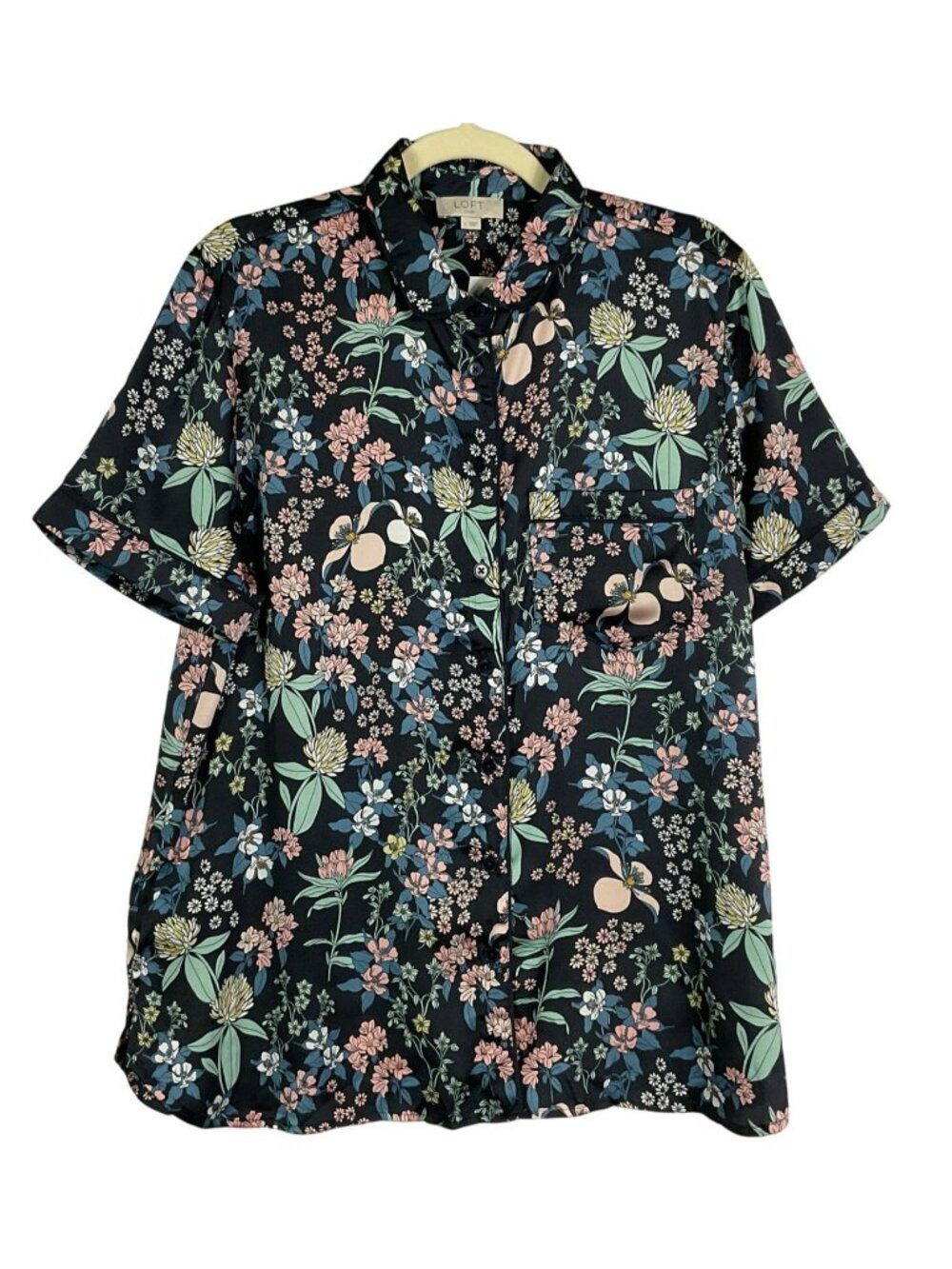 LOFT NWT Floral Button-Down Short Sleeve Pajama Top Size Large Black/Multicolor